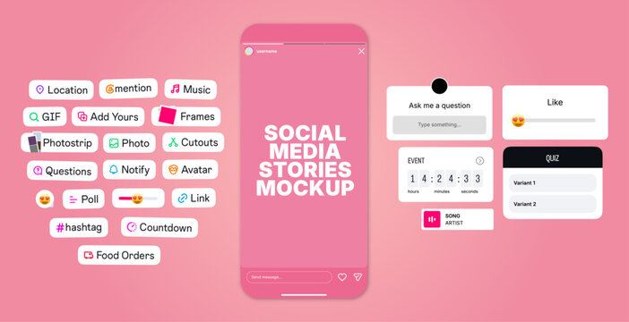 Instagram Story interface badge. Stories tool sticker. Blogging set. Location, mention, avatar, poll, countdown, link, quiz hashtag, music icons. Vector illustration.