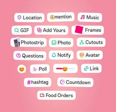 Instagram Story interface badge. Stories tool sticker. Blogging set. Location, mention, avatar, poll, countdown, link, quiz hashtag, music icons. Vector illustration.