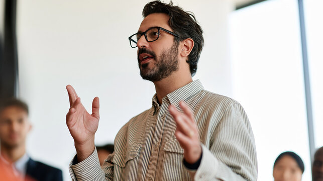 Male business executive presenting during meeting with confident expression in modern office while colleagues listen attentively