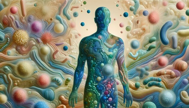 A human silhouette filled with an abstract landscape of colorful bifidobacteria, neutral viruses, and probiotic cells blending into a flourishing terrain, Ai generated image