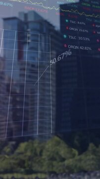 Animation of financial graphs over cityscape