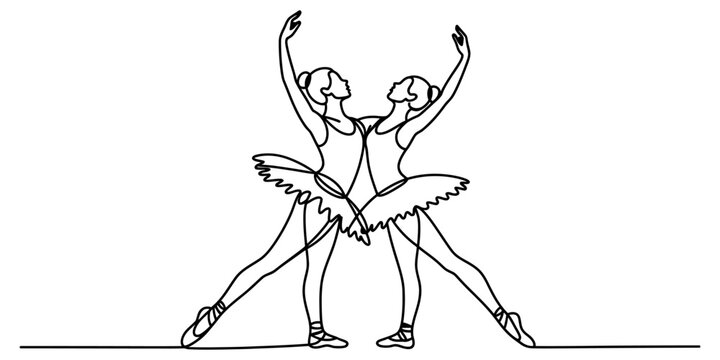 Two ballerinas dancing together in a continuous single line art style Vector, illustration