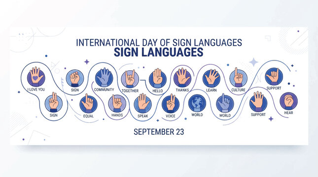 International Day of Sign Languages September 23, set of 24 blue and white ASL signs icons, hand gestures collection for social media and banner designs
