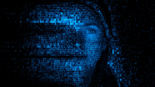Human Face formed from Source Data. AI Training Data Concept.