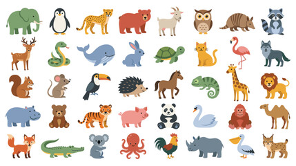 Naklejka premium Cartoon animal set with colorful wild creatures icons.