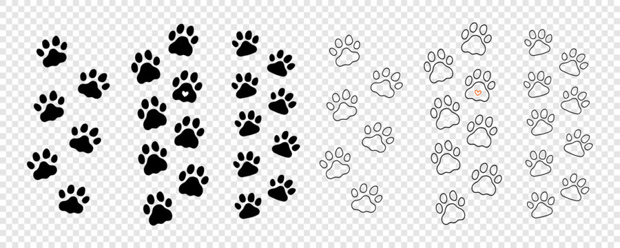 Dog Cat Paw Pet Foot Print Png Set. Hand Drawn Paw Lion Footprint Icon Kit. Doodle Animal Pawprint Track Bundle Silhouette. Hand Drawn Vector Illustration