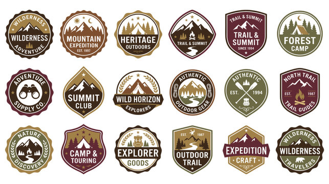 Outdoor adventure badge collection for camping brands.
