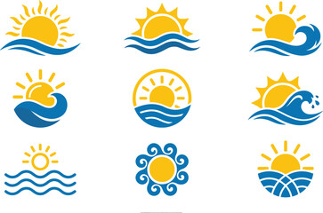 Naklejka premium Sun and Sea Wave Icon Vector Set with Blue Ocean Waves and Yellow Sunset Elements for Summer Travel Logos and Corporate Branding Designs