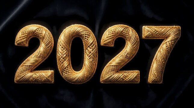 Golden 2027 numbers with intricate woven pattern on black background