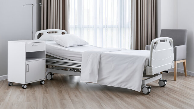 Modern private hospital room with adjustable patient bed, bedside cabinet, armchair, curtain, and clean medical interior