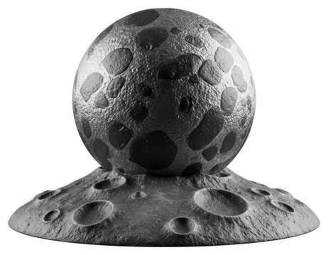 Metallic sphere on a cratered lunar base isolated on a transparent background