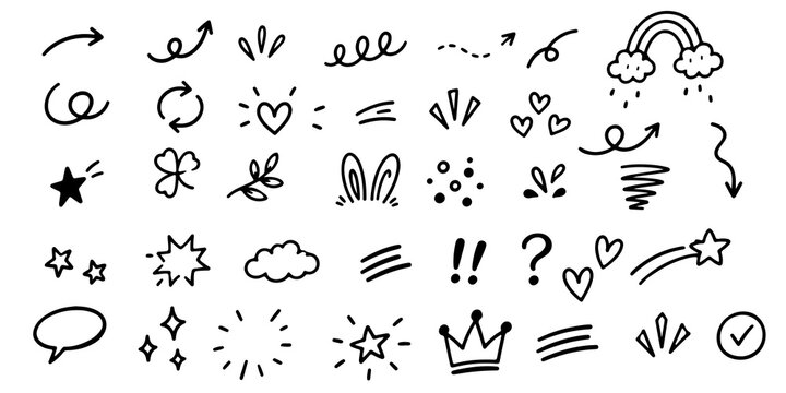 Set of hand drawn doodle elements including arrows hearts stars and decorative shapes for bullet journal design