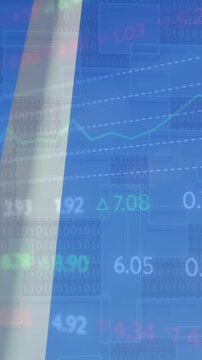 Animation of financial data processing over purple background