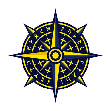 Viking compass symbol with ancient runes in blue and yellow colors