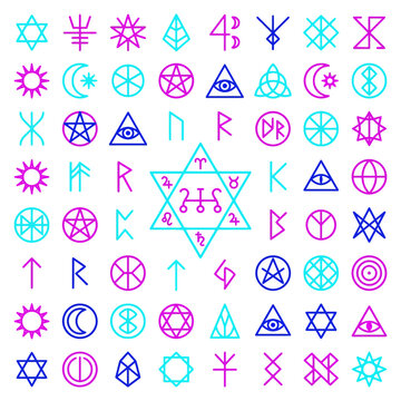 Esoteric occult symbols and mystical magic signs set in bright neon colors