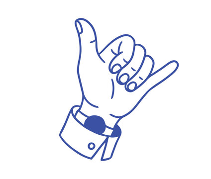 Shaka hand gesture line art, blue hang loose sign vector illustration, surfer greeting symbol for summer beach branding and casual communication.