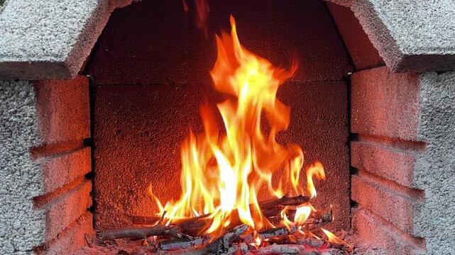 Crackling fire burning in brick fireplace.