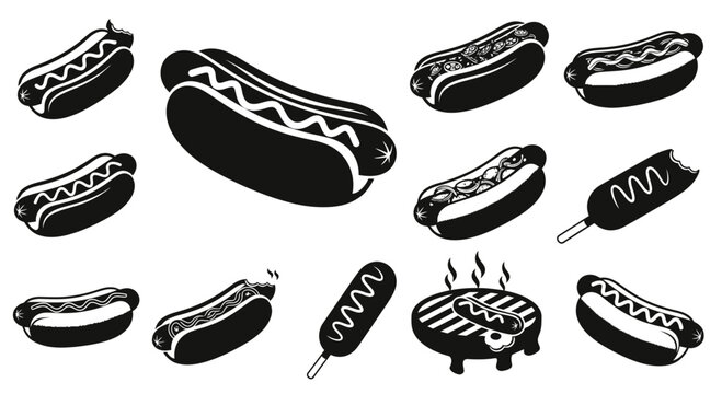 Hot Dog Icons Set: Grilled, Corn Dog, Mustard, Ketchup, Isolated