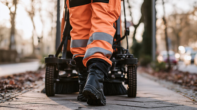 Street cleaning worker operating sweeping machine along tree lined sidewalk during autumn maintenance