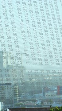 Animation of data processing against aerial view of cityscape