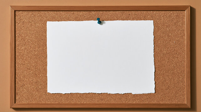 Torn edge blank memo paper attached to cork board with pushpin