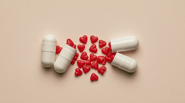 White capsule and red heart candy arranged on beige background, creating playful romantic healthcare concept