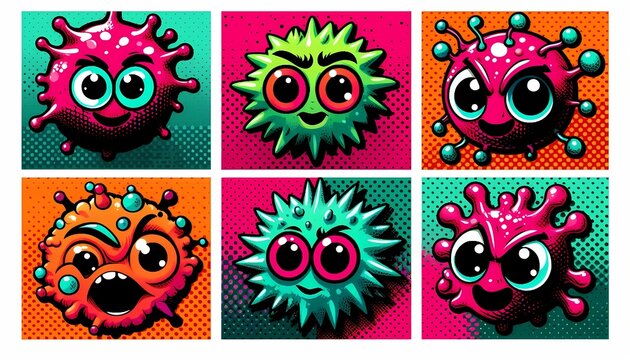 A colorful pop-art vector set of cute or mildly evil microbe characters with large cartoon eyes, Ai generated image