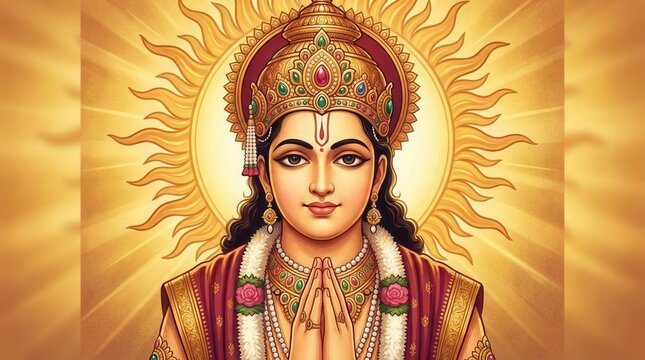Devotional Hindu Deity Illustration with Golden Sunburst Aura and Traditional Attire