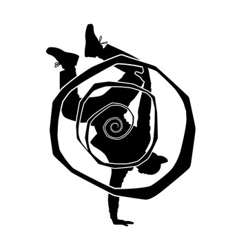 Breakdancer Silhouette Spiral Swirl Icon Design, Hip Hop Street Dance Circular Motion Symbol for Sport, Fitness, Competition Logo, Poster and Banner Vector Illustration Isolated on White
