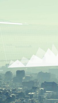Animation of financial data processing over cityscape