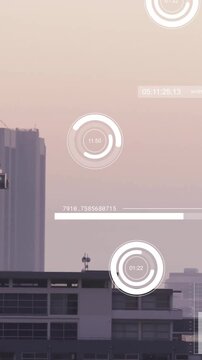 Animation of financial data processing over cityscape