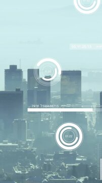 Animation of financial data processing over cityscape