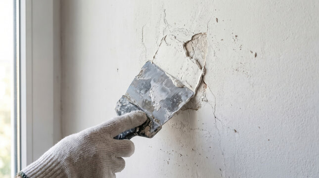 Gloved hand repairing cracked wall with putty knife and plaster