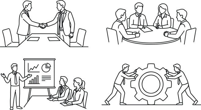 Business teamwork, partnership, meeting, presentation, and collaboration concepts line art vector illustration set.
