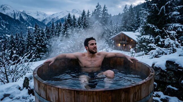 Bearded man relaxing in a wooden hot tub outdoors during winter snowfall