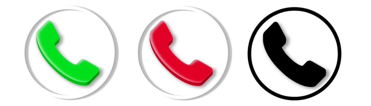 Set of black, green and red 3D phone icon inside a circle on a white background. isolated on transparent, png, cut out background