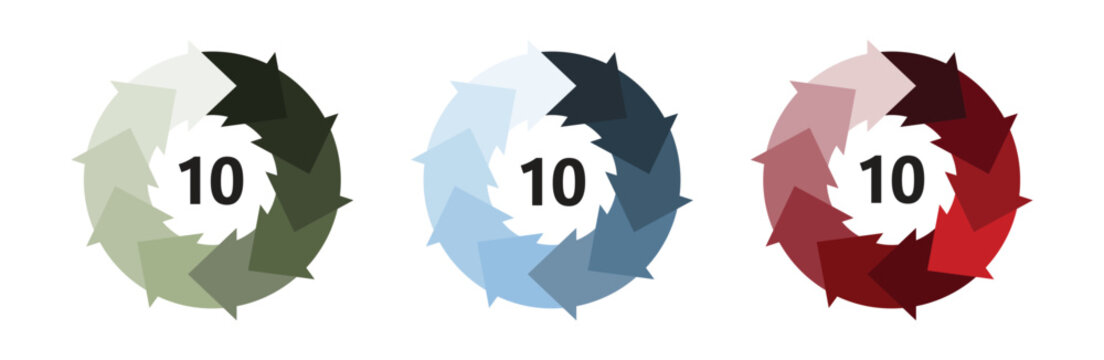 Circle arrows infographics set. Infographic element round shape. Circular arrows with 10 steps, options. Template for cycling diagram, graph, cycle diagram, presentation and round chart.