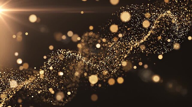 Golden particles wave abstract background, luxury glowing dust flowing motion, cinematic sparkle overlay for projects