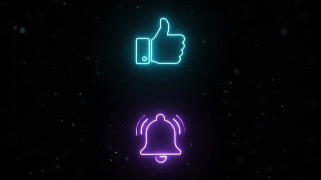Neon social media like and notification bell icons glowing on dark background