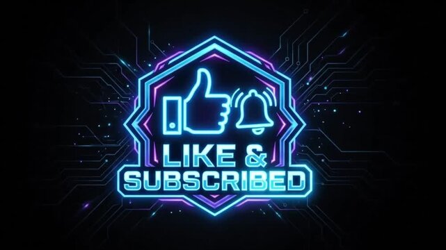 Neon Like and Subscribe button with digital circuit background for social media content.