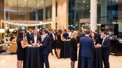 Fototapeta premium Blurred view of business people networking and socializing around cocktail tables at an evening corporate reception in a modern hotel lobby.
