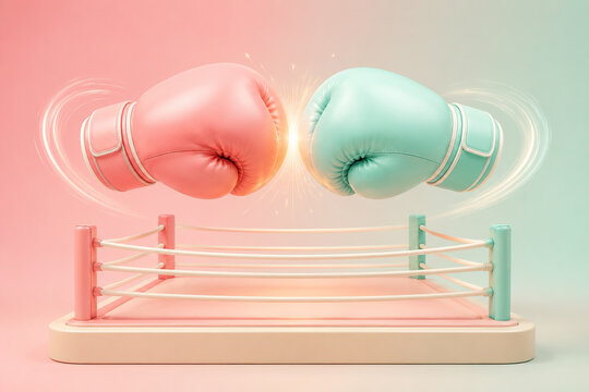 Conceptual 3D illustration of pink and mint boxing gloves colliding above a miniature boxing ring with glowing motion trails and sparks. Dynamic symbol of competition, confrontation, rivalry and comba