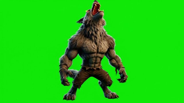 Aggressive werewolf roaring monster on a green screen background