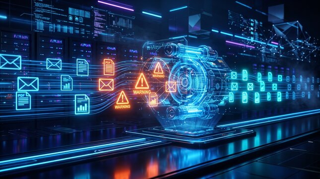 Digital cybersecurity scanner detecting malicious email threats and data breaches in network