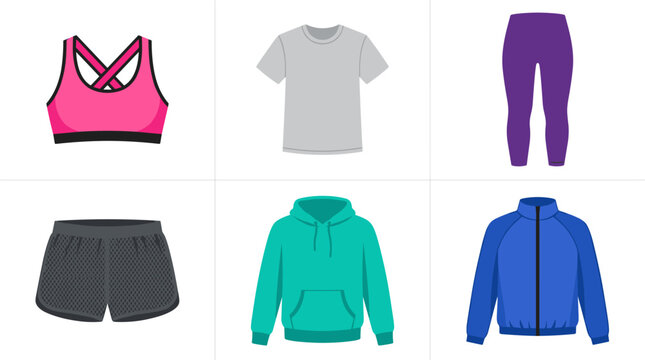 Athletic apparel set with sports bra leggings shorts t-shirt hoodie jacket on white background