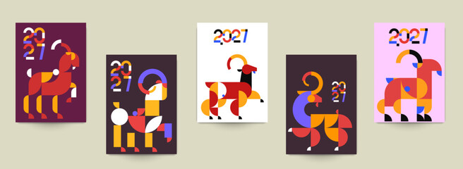 Fototapeta premium Set of colorful geometric year 2027 Chinese new year posters with goat ram sheep goat zodiac symbol created with abstract shapes in modern cubism style.