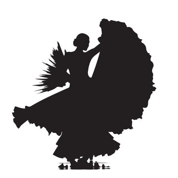 Black Silhouette of Flamenco Dancer in Ruffled Dress with Dramatic Hand Fan Pose, Traditional Spanish Dance Illustration Depicting Passion, Elegance and Cultural Movement Vector Design Artwork for Cre