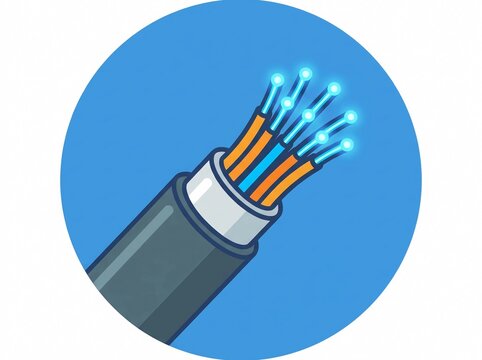 A stylized vector icon of a fiber optic cable showing glowing data transmission for telecommunications and internet.
