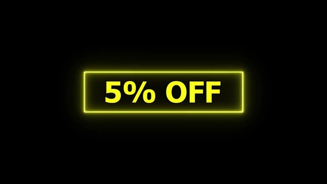 Vibrant yellow neon sign featuring 5% off text inside a glowing rectangular frame isolated on a deep black background, for retail sales, promotions, marketing campaigns, and e-commerce advertising