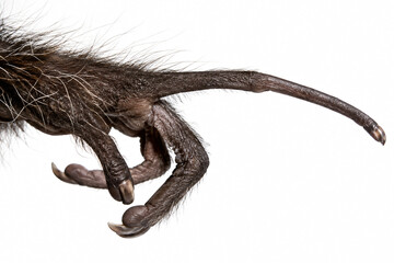 Naklejka premium Close-up of an aye-aye lemur hand with an exceptionally long slender finger isolated against a white background